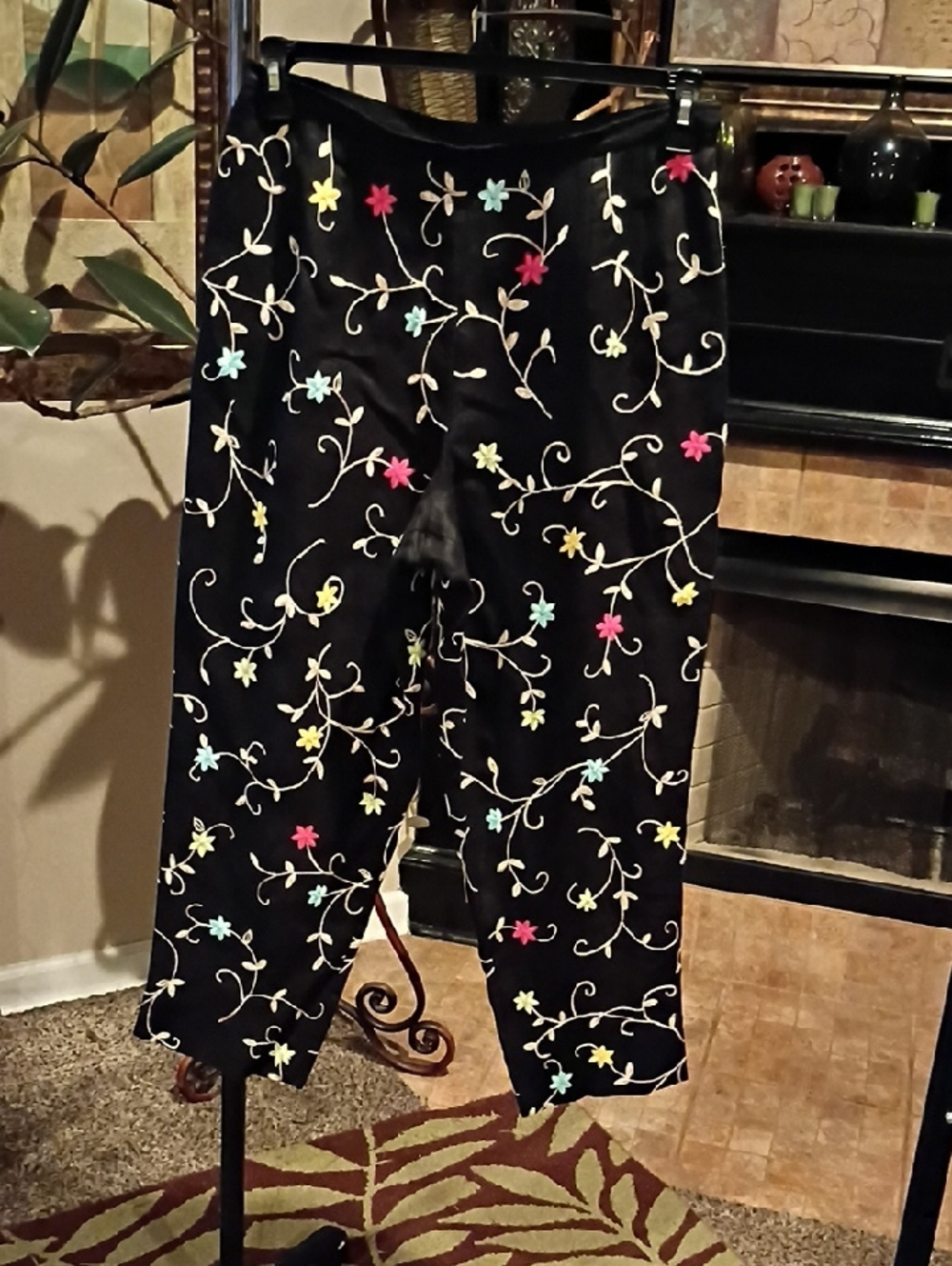 FINAL PRICE Talbots Irish Linen Black Pants with Multicolored Floral Embroidery - Picture 7 of 12